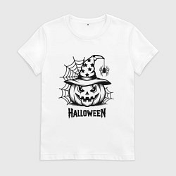 Футболка хлопковая женская Хэллоуин, тыква и паук, цвет: белый