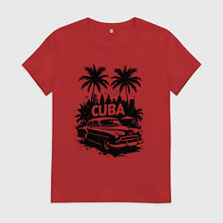 Футболка хлопковая женская Ретро-Куба пальмы и автомобиль, цвет: красный