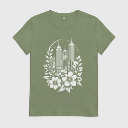 Футболка хлопковая женская Город в цветах, цвет: авокадо