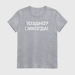 Футболка хлопковая женская Лучше поздно чем никогда белый, цвет: меланж