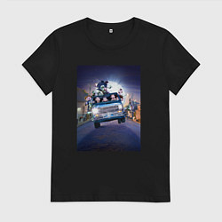 Футболка хлопковая женская Семейка Аддамс в машине, цвет: черный