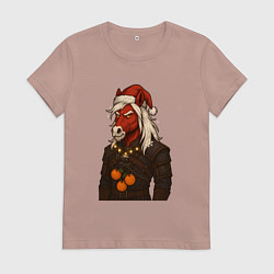 Футболка хлопковая женская Новогодний ведьмак в образе лошади, цвет: пыльно-розовый
