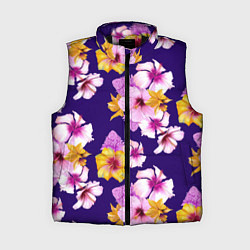 Женский жилет Цветы Розовые Гибискус и Оранжевые Ирисы На Синем