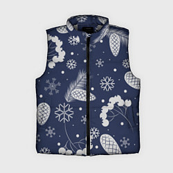 Женский жилет Зимние ягоды и шишки на синем фоне