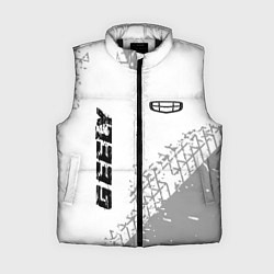 Женский жилет Geely speed на светлом фоне со следами шин: надпис