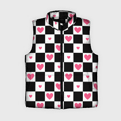 Женский жилет Розовые сердечки на фоне шахматной черно-белой дос, цвет: 3D-черный