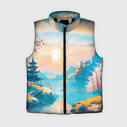 Женский жилет Японский город вдали и цветущая Сакура у реки, цвет: 3D-черный