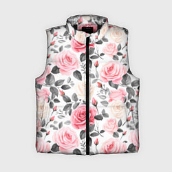 Женский жилет Розовые розы и серые листочки - паттерн, цвет: 3D-черный