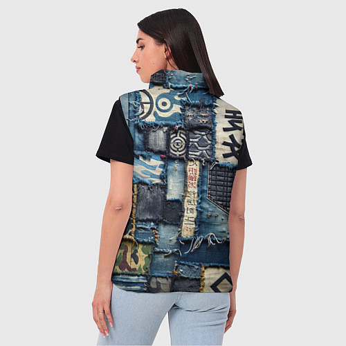 Женский жилет Иероглифы на пэчворк дениме / 3D-Красный – фото 4