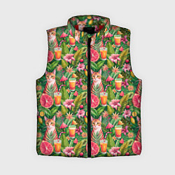 Женский жилет Летний котик с коктейлем в тропических цветах, цвет: 3D-красный