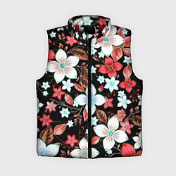 Женский жилет Красно-белые цветы на чёрном фоне, цвет: 3D-красный