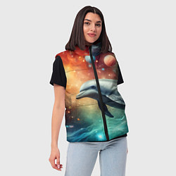 Женский жилет Галактический дельфин - неоновый космос, цвет: 3D-черный — фото 2
