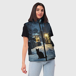Женский жилет Чёрный кот на пустой зимней улице, AI, цвет: 3D-черный — фото 2