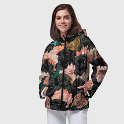 Ветровка с капюшоном женская Мопсы и Цветы, цвет: 3D-черный — фото 2