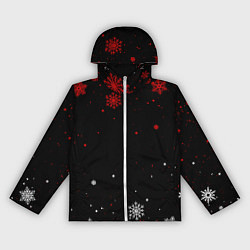Ветровка с капюшоном женская КРАСНО БЕЛЫЕ СНЕЖИНКИ НА ЧЁРНОМ ФОНЕ, цвет: 3D-белый