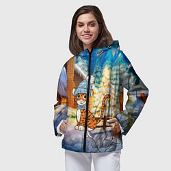 Ветровка с капюшоном женская Тигренок на фоне зимнего дома, цвет: 3D-черный — фото 2