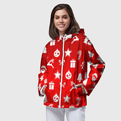 Ветровка с капюшоном женская Новогодний узор красный градиент, цвет: 3D-белый — фото 2