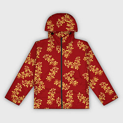Ветровка с капюшоном женская Золотые веточки на ярко красном фоне, цвет: 3D-черный