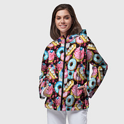 Ветровка с капюшоном женская Узор из сладостей на черном фоне, цвет: 3D-черный — фото 2