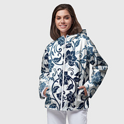 Ветровка с капюшоном женская Гжелевые цветы, цвет: 3D-белый — фото 2
