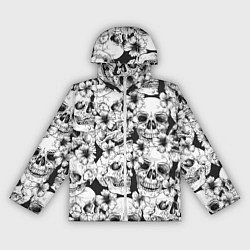 Ветровка с капюшоном женская Чёрно белые черепа и маки, цвет: 3D-белый