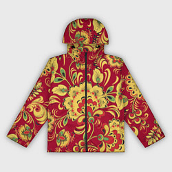 Ветровка с капюшоном женская Хохломская Роспись Цветы На красном Фоне, цвет: 3D-черный