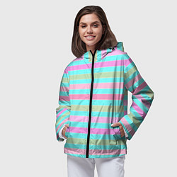 Ветровка с капюшоном женская Pink turquoise stripes horizontal Полосатый узор, цвет: 3D-черный — фото 2