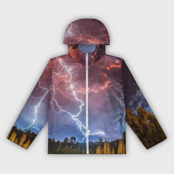 Ветровка с капюшоном женская Грозовые разряды молний над лесом, цвет: 3D-белый