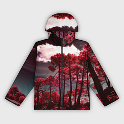 Ветровка с капюшоном женская Абстрактные красные деревья и облака, цвет: 3D-черный