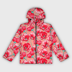 Ветровка с капюшоном женская Красные маки - паттерн, цвет: 3D-черный