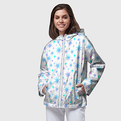 Ветровка с капюшоном женская Разноцветные звезды на белом фоне, цвет: 3D-белый — фото 2