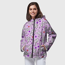 Ветровка с капюшоном женская Кролики - текстура на розовом фоне, цвет: 3D-черный — фото 2