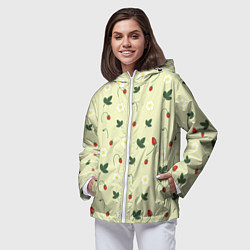 Ветровка с капюшоном женская Узор из веточек и листиков земляники, цвет: 3D-белый — фото 2