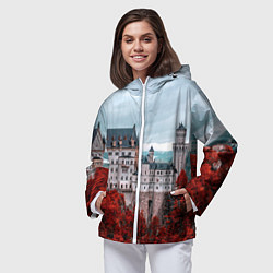 Ветровка с капюшоном женская Замок в горах и красный лес, цвет: 3D-белый — фото 2