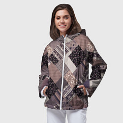 Ветровка с капюшоном женская Коричневый узор в стиле фолк-пэчворк, цвет: 3D-белый — фото 2