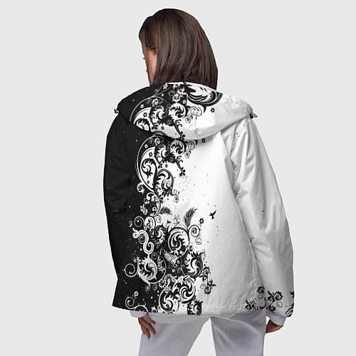 Женская ветровка Черно-белая птица среди узорчатых цветов / 3D-Черный – фото 4