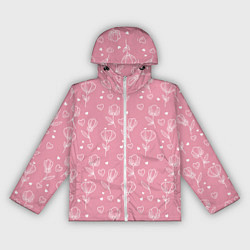 Ветровка с капюшоном женская Цветы и сердца паттерн, цвет: 3D-белый