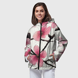 Ветровка с капюшоном женская Цветы и ветви японской сакуры - текстура холста, цвет: 3D-черный — фото 2