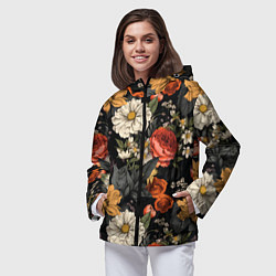 Ветровка с капюшоном женская Цветочный паттерн на черном, цвет: 3D-черный — фото 2
