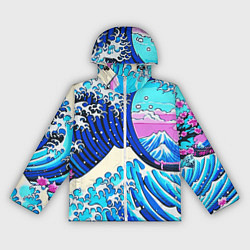 Ветровка с капюшоном женская Большая волна в Канагаве сакура, цвет: 3D-белый