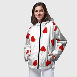 Ветровка с капюшоном женская Красные сердечки на белом, цвет: 3D-черный — фото 2