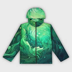 Ветровка с капюшоном женская Зеленые абстрактные волны, цвет: 3D-черный
