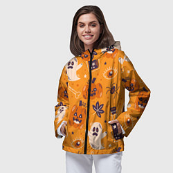 Ветровка с капюшоном женская Хэллоуин - тыквы и приведенья, цвет: 3D-черный — фото 2