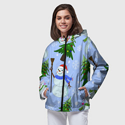 Ветровка с капюшоном женская Снеговики с новогодними елками паттерн, цвет: 3D-черный — фото 2