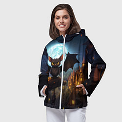 Ветровка с капюшоном женская Летучая мышка на фоне луны и замка, цвет: 3D-белый — фото 2