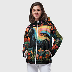 Ветровка с капюшоном женская Лошадка с радужной гривой в стиле фолк-арт, цвет: 3D-белый — фото 2