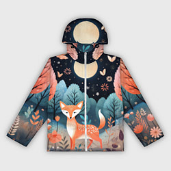 Ветровка с капюшоном женская Лисичка в осеннем лесу фолк-арт, цвет: 3D-белый
