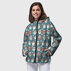 Ветровка с капюшоном женская Новогодние зимние кружки с какао - паттерн от нейр, цвет: 3D-черный — фото 2