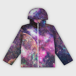 Ветровка с капюшоном женская Пурпурные космические туманности со звездами, цвет: 3D-белый