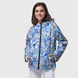 Ветровка с капюшоном женская Гжельская роспись на белом фоне, цвет: 3D-черный — фото 2